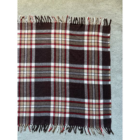 Vintage Faribo plaid stadium blanket - red, brown, white - fringe - 53 x 45 - Picture 4 of 10